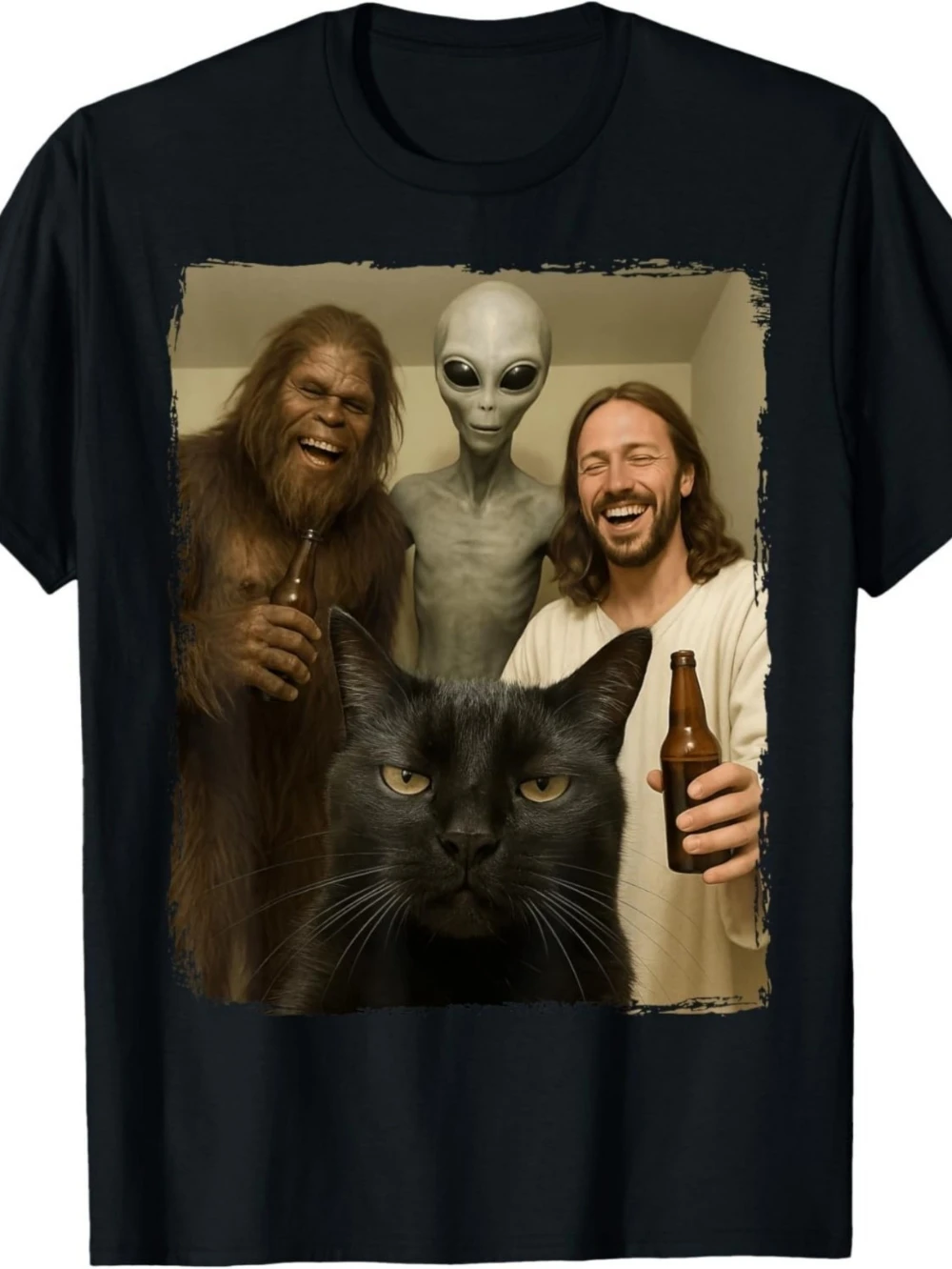 Funny Jesus, Alien, and Cat Selfie T-shirt 1960s Retro UFO Alien Invasion Design  Couple Streetwear T-shirts mens t shirts