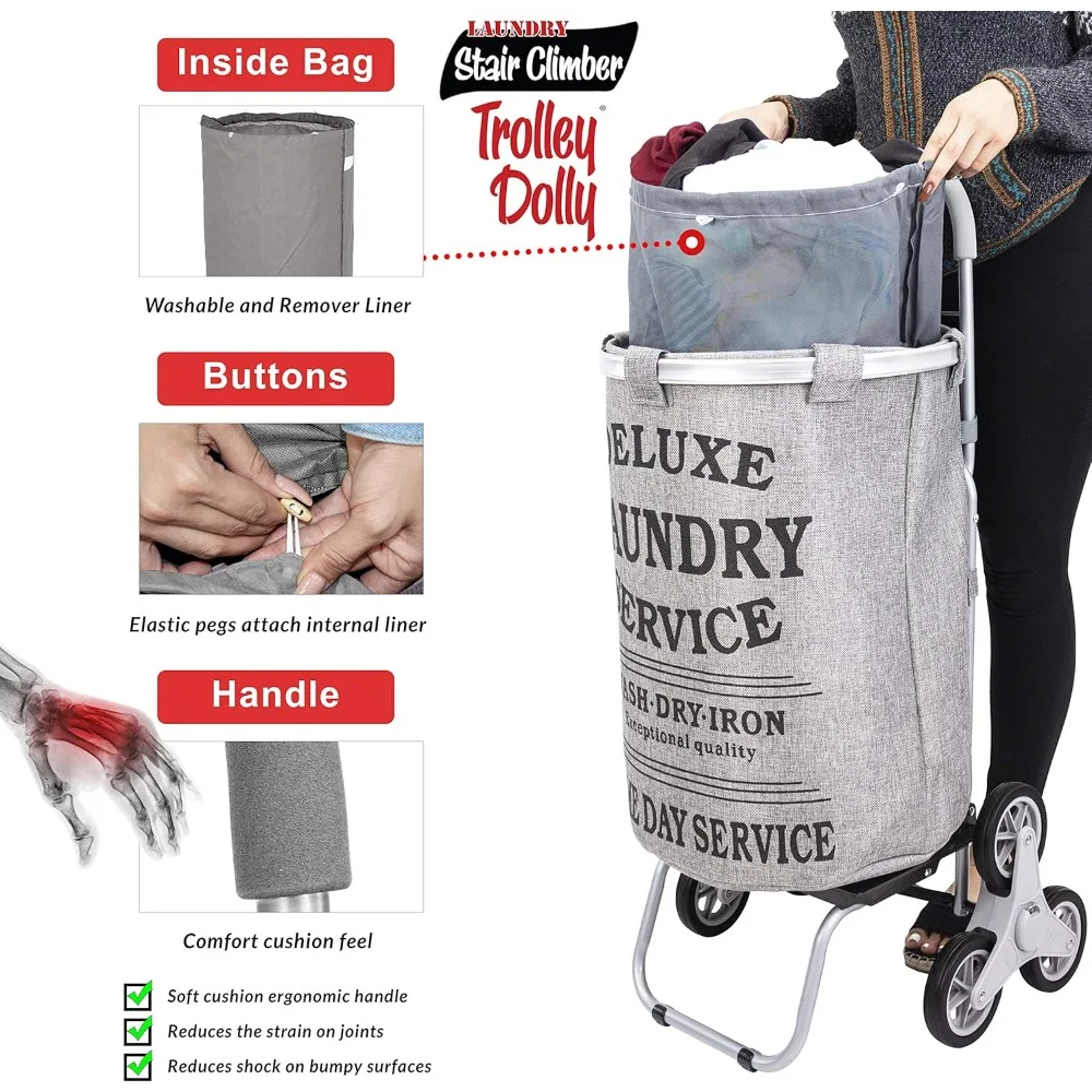 

Stair Climber Laundry Trolley Dolly, Grey Laundry Bag Hamper Basket cart with wheels sorter