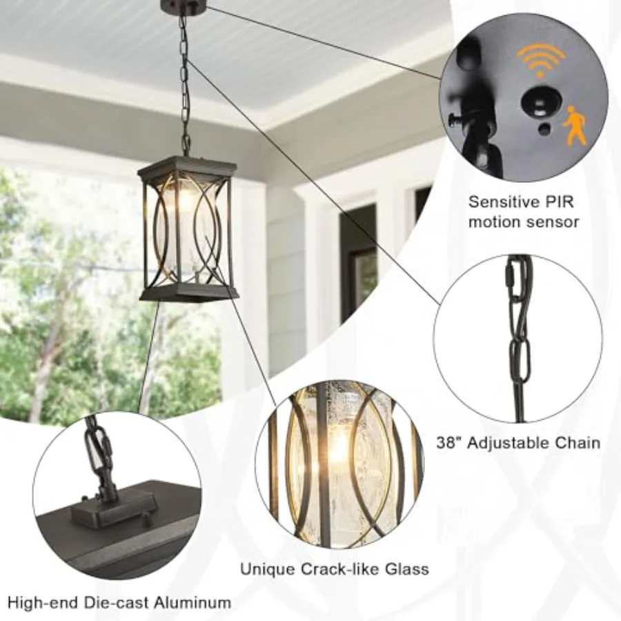 Motion Outdoor Pendant Light Fixtures Dusk to Dawn Exterior Ceiling Hanging Lantern for Porch, Modern Outside Chelier Light wit view 3