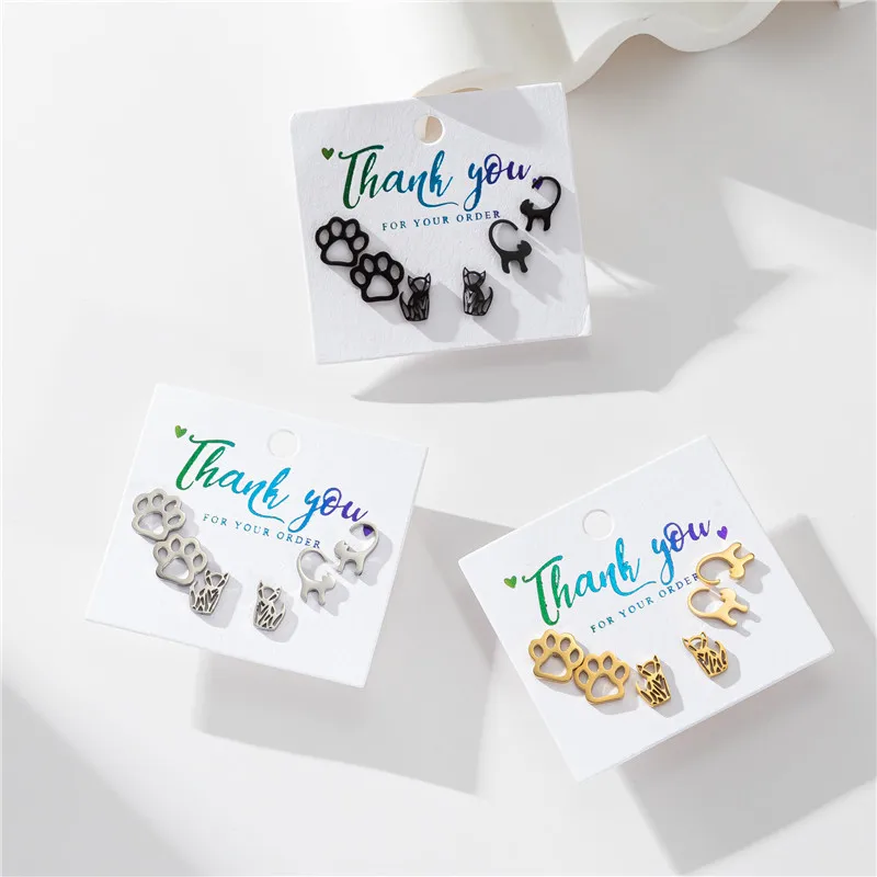 3Pairs Cartoon Stainless Steel Cat Paw Earring Origami Animal Ear Jewelry Set Girls Birthday Party Kitty Earrings Accessories