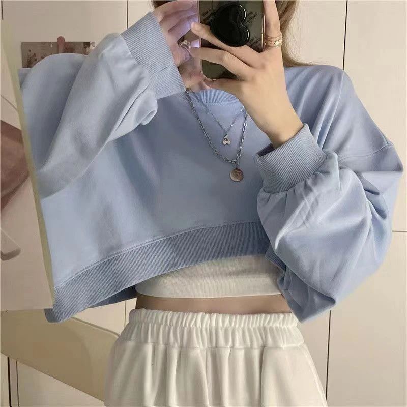 Fall Women O Neck Long Sleeve Crop Top T Shirts Korean Fashion Sexy Harajuku Casual Oversized Pullover Sports Hip Hop Streetwear