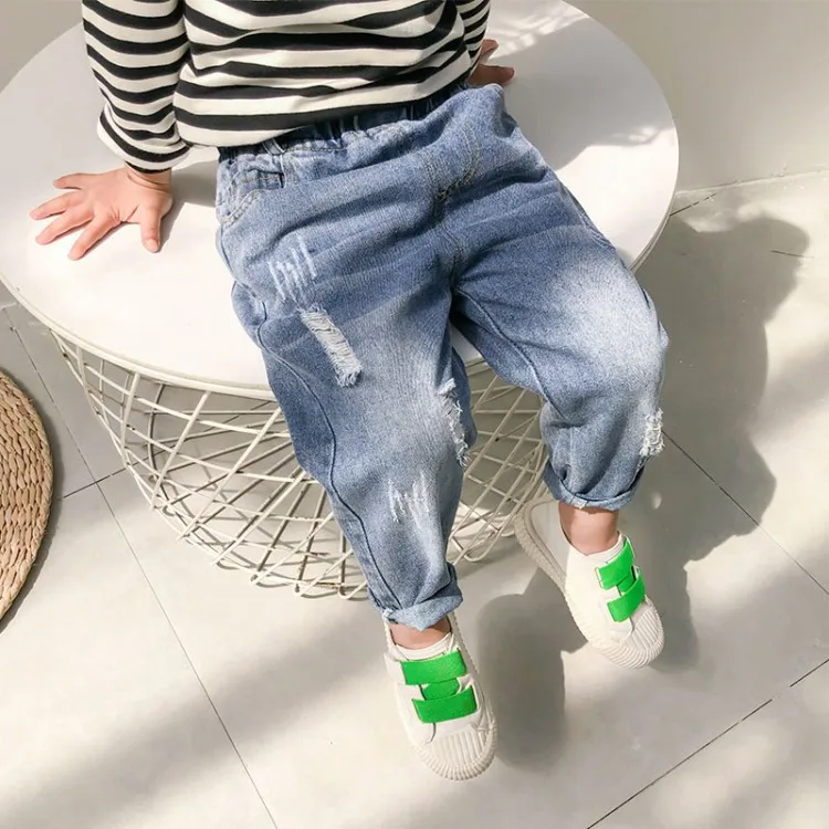 2022 Spring Autumn Girls Boys Casual Hole Jeans Pant Baby Kids Children Denim Trousers