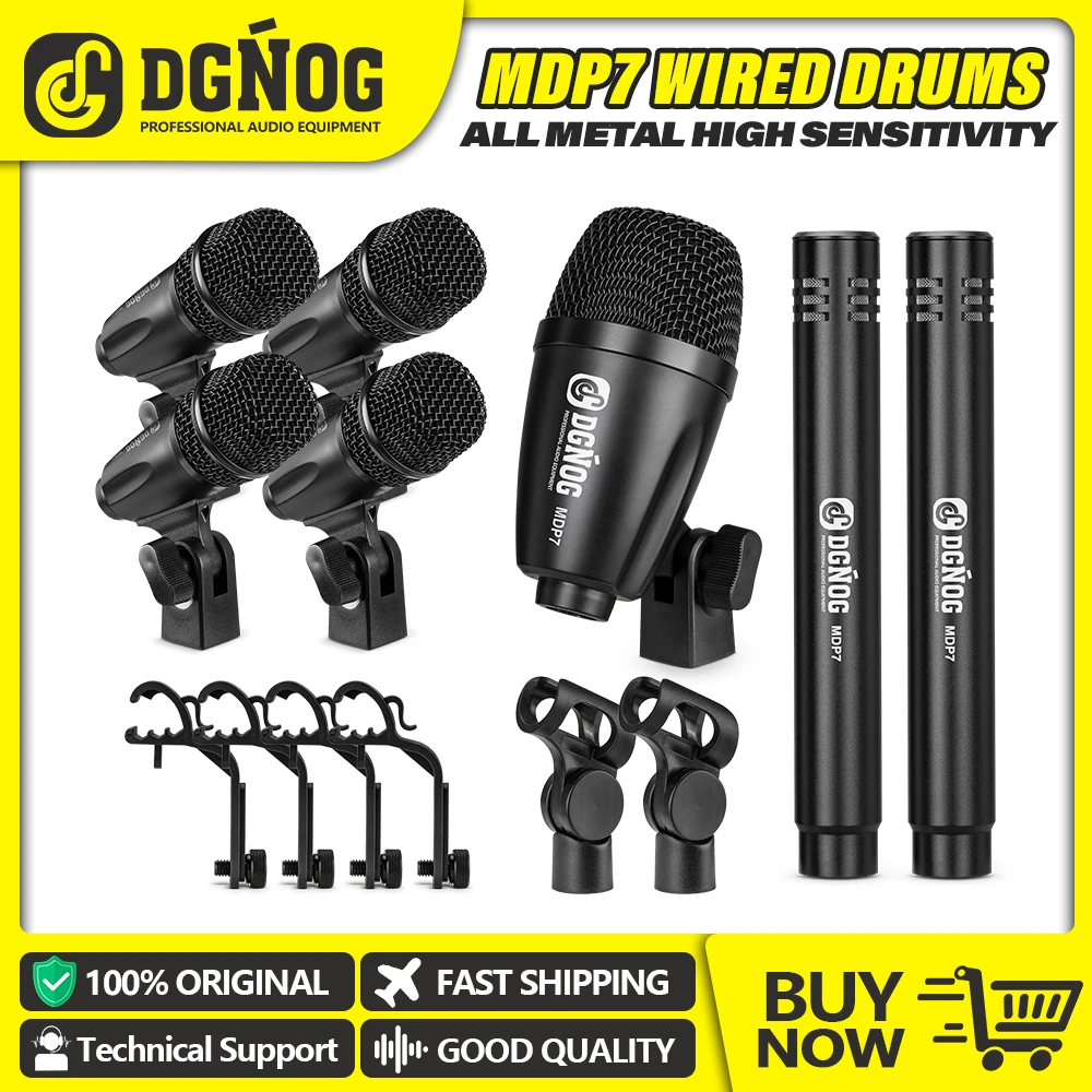 

DGNOG Drum Microphone Kit 7-Piece Full Metal Wired Dynamic Mic Set for Bass/Tom/Snare/Hi-hat Cymbals with Carrying Case Holders