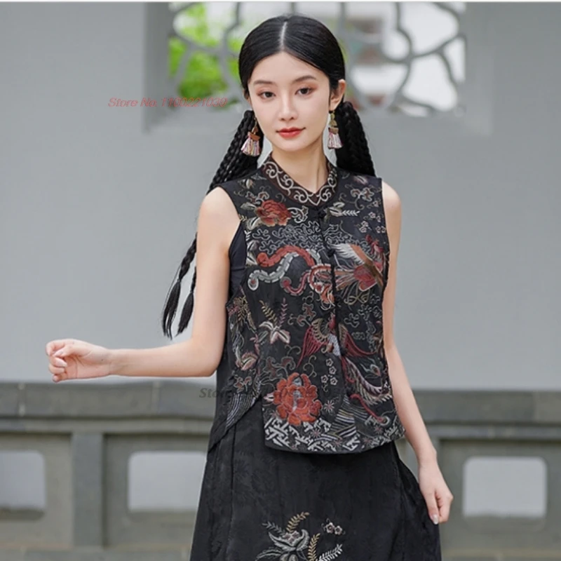 

2025 chinese vintage stand collar vest satin jacquard folk vest national flower embroidery sleeveless jacket retro hanfu tops