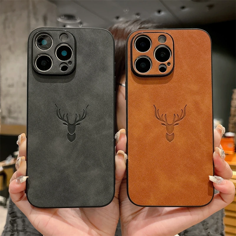 INS Cartoon Hirschkopf PU Leder Textur Handyhülle für iPhone 11 12 13 14 15 16 Pro Max 16E 15 Plus Retro weiche stoßfeste Abdeckung