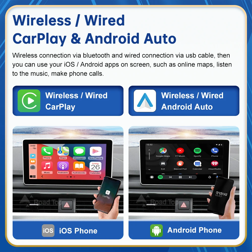 Road Top Nirkabel Android Auto untuk Mobil Audi A4 A5 2016-2019 Antarmuka Carplay Mirror Link Air Play
