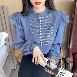 Vintage Palace Style Lace Stitching Blouse Women Autumn Beading Long Sleeve Loose Chiffon Shirt Stand Collar Ruffles Top