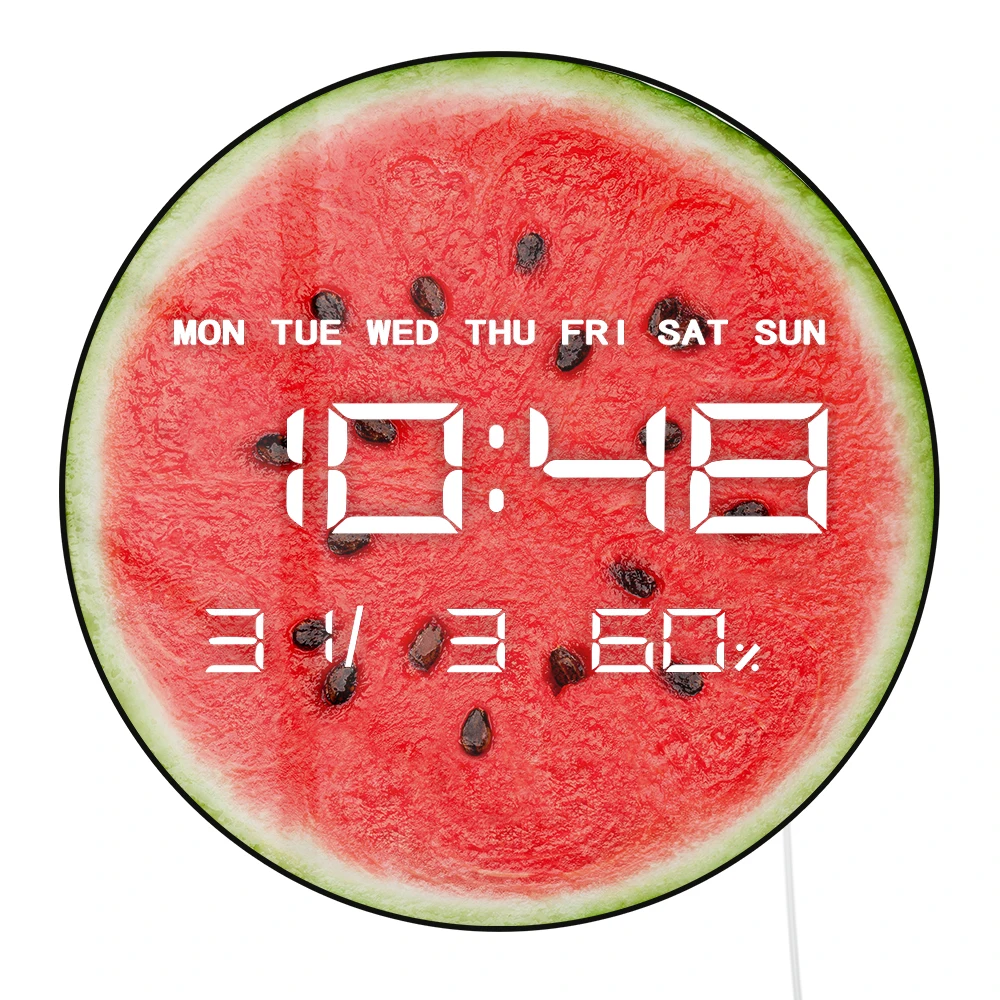 Sliced Watermelon Wall Clocks with Temperature Humidity Date Large Display Calendar Summer Fruit Home Decor Digital Wall Clock