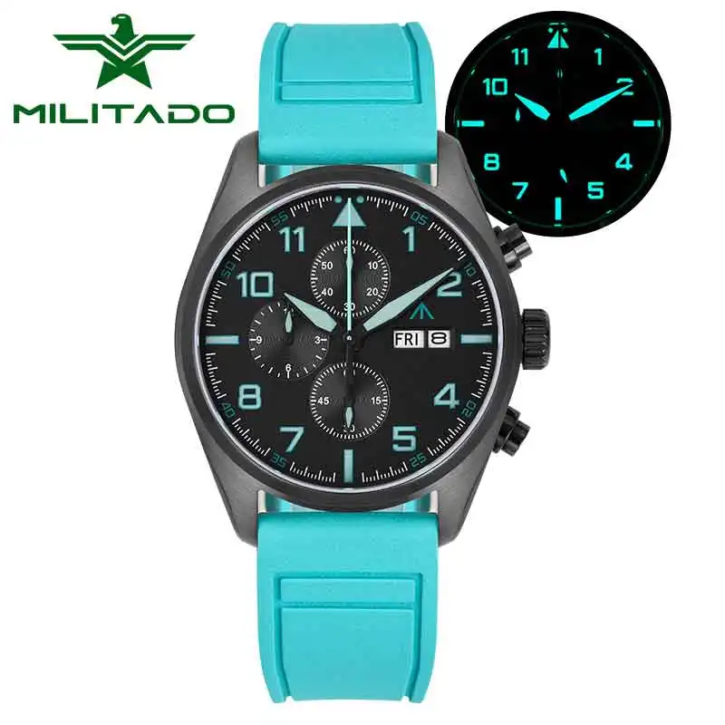 Militado Chronograph Watch OS00 Quartz Movement Super BGW9 Luminous AR Sapphire Crystal Waterproof 100m Stainless Steel Watches