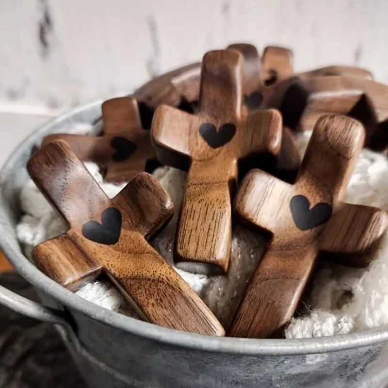 Cross My Heart Encouragement Gift Handheld Wooden Cross With Epoxy Heart To Carry In Pocket Emotional Support