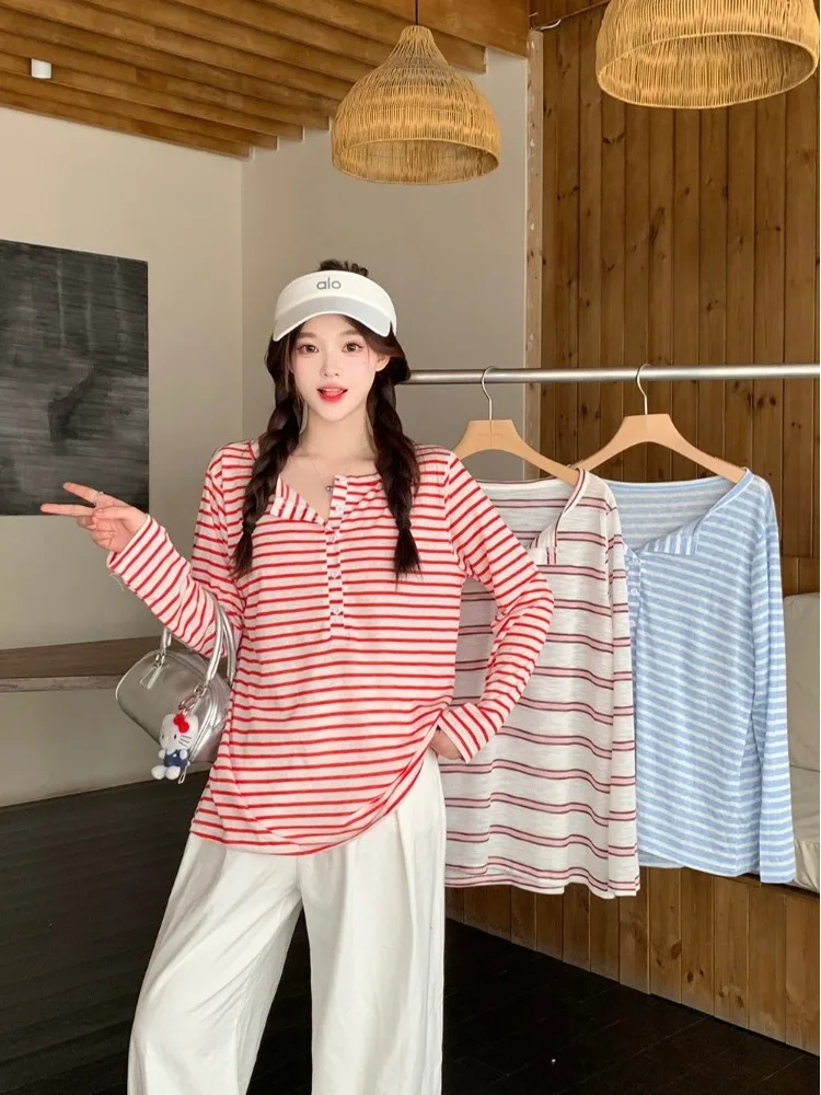 

plus Size Women's Lazy Stripe Long Sleeve Sun Protection T-Shirt Casual Overhead Style Autumn New Arrival Slimming Versatile Top