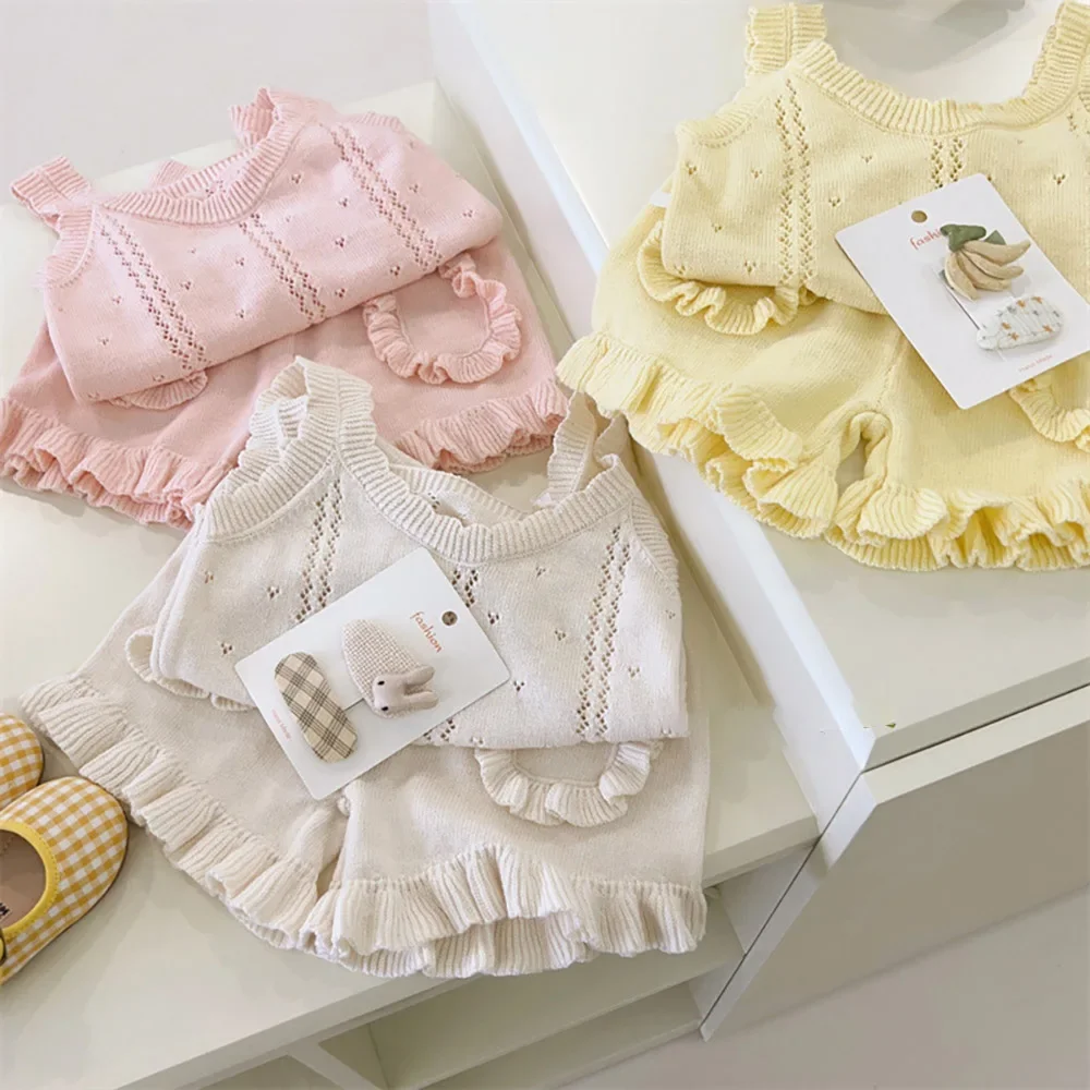 

Summer Children Clothes Sets Casual Hollow Out Sleeveless Knitted Camisole Vest Kids Girls Tops+Ruffles Shorts 2Pcs Outfit Suit