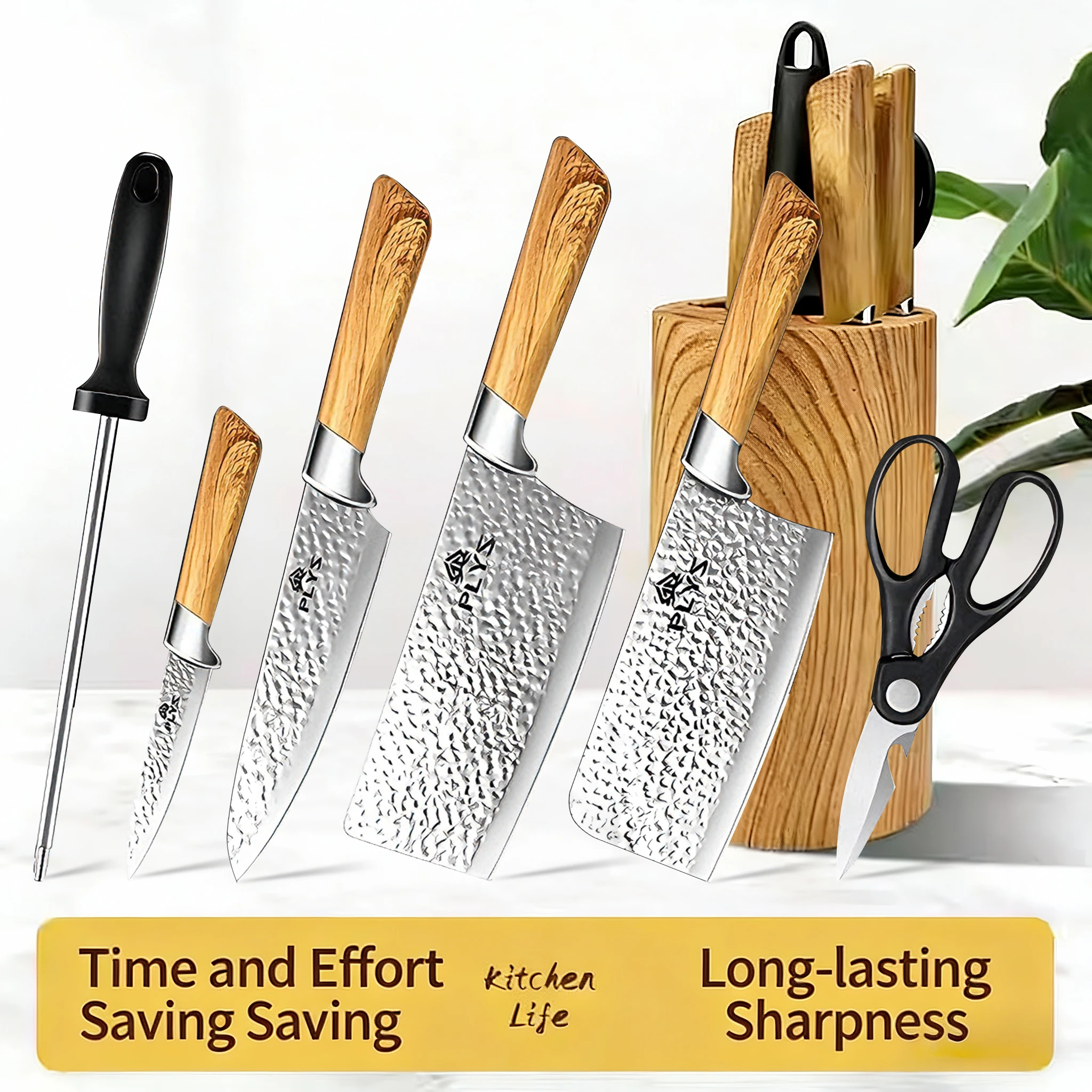 High-end Professional Seiko Forged Knife Set with Wood Grain Handle - Chef, Meat, Bone & Fruit Knives for Kitchen