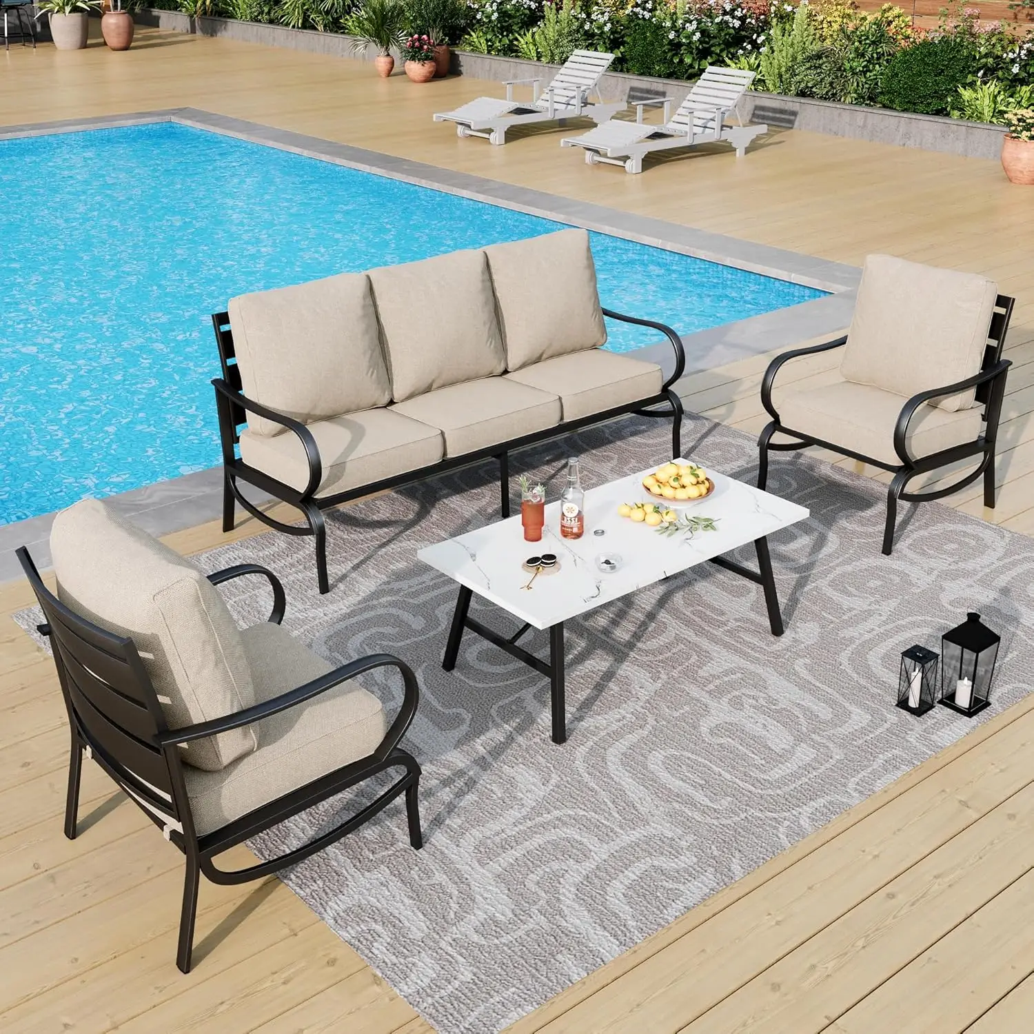 

3-Seat Bench & 2 Fixed Chairs & Coffee Table Outdoor Patio Conversation Set Cushioned All-Weather PE Rattan 5-Person, Customized