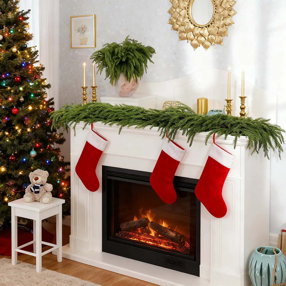 6 قطع من فروع الصنوبر نورفولك لعيد الميلاد، سيقان عيد الميلاد الاصطناعية من خشب نورفولك، خضراء عيد الميلاد الصناعية