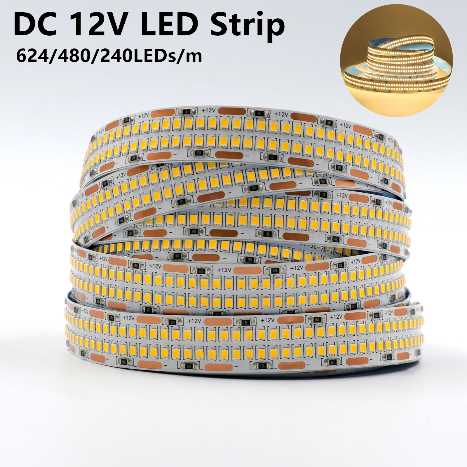 

2835 2025 LED Light Strips 12V Super Bright 624/480/240LEDs/m Double Row Flexible Tape Ribbon IP21 IP67 Waterproof LED Strip