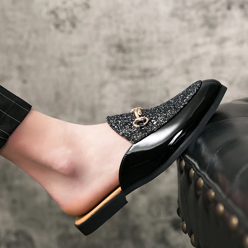 Luxury Men\'s Genuine Leather Shoes Sequins High-end Casual Shoes Comfortable Half Slippers Loafers Men\'s Flat Shoes At Home