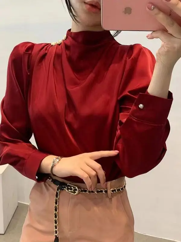 

Женская блузка Ele Thin Satin с высоким воротником и пуговицами, осенняя, для повседневной носки, легкая, комфортная, дышащая, в стиле Maturi Sle