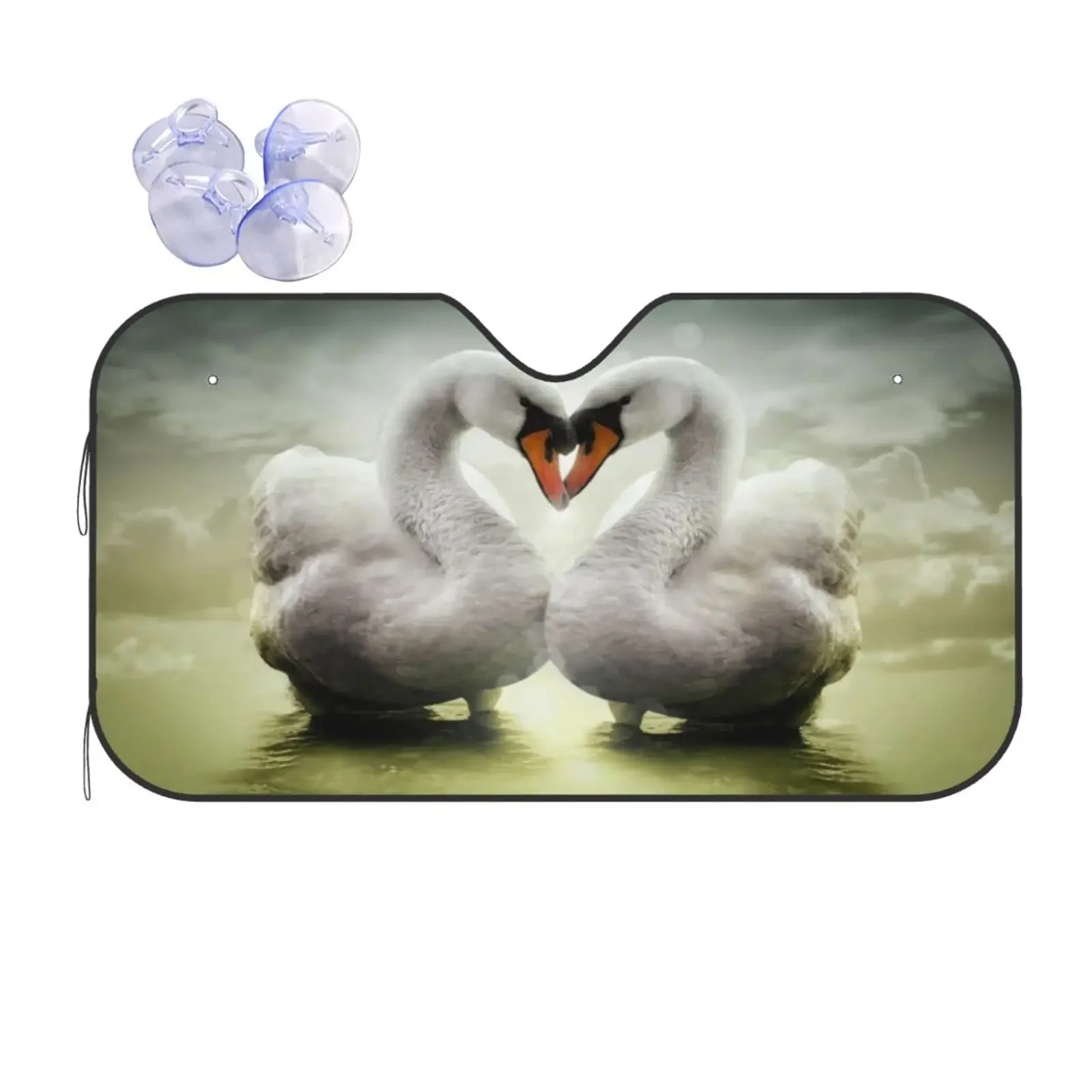 Universal Car Windshield Sunshade,Couple in Love White Swan in Heart Shape On Lake Sunset Sun Shield Protector Foldable