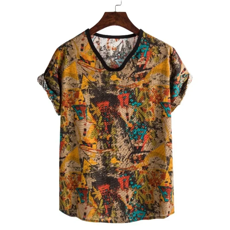 2023 Summer New Ethnic Style Dark Flower Series Men's Casual Personality Versatile Printed Short Sleeve T-shirt