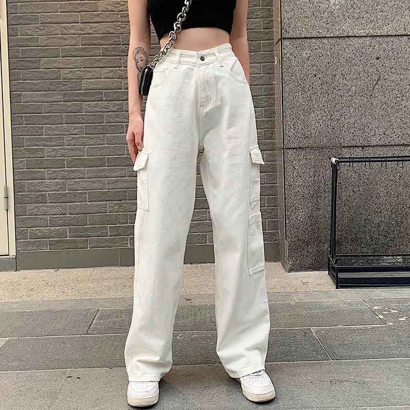 

Vintage Women's Jeans High Waist Baggy Jeans Streetwear Multi-pocket Cargo Pants Denim Straight Trousers Casual
