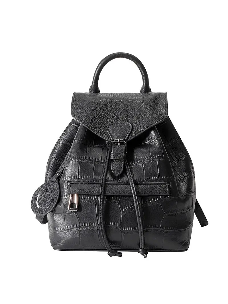Vintage Genuine Leather Drawstring Backpack for Women Mini Flap Rucksack with Charm Luxury Crocodile Pattern Travel Shoulder Bag