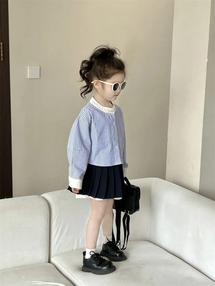 

Children's shirt2024Spring and Autumn New Children's Clothing Girls' Baby Vertical Stripes Western Style Top Fake Two-Piece Skir