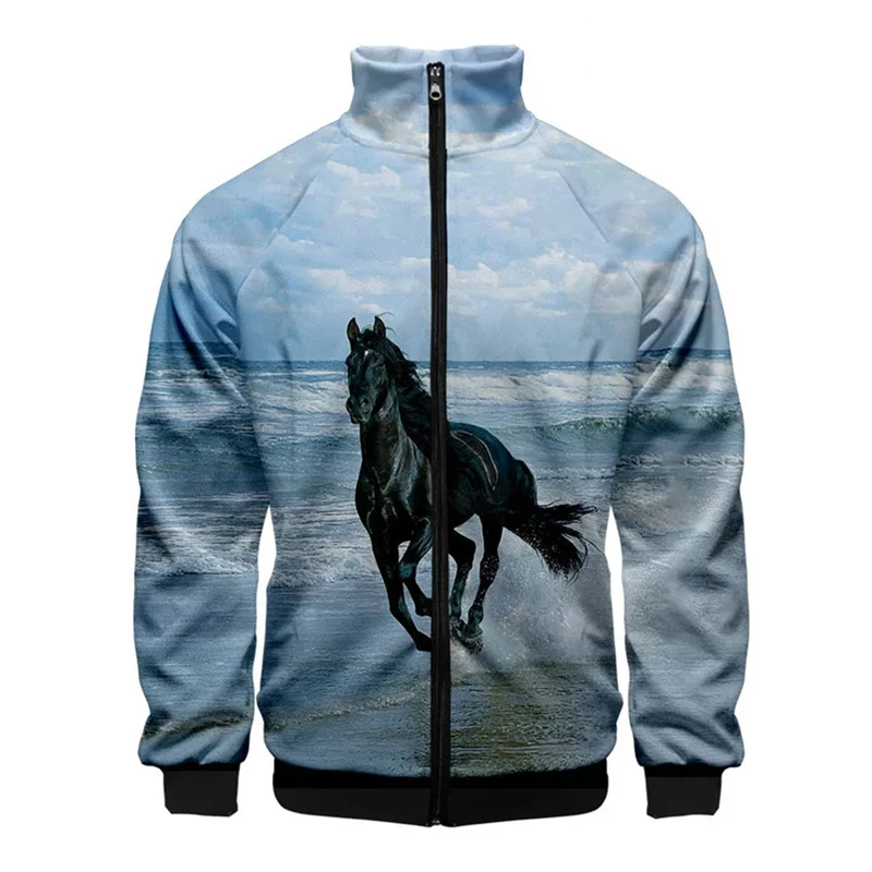 Horse Racing 3d 3D Printed Zipper Jacket Long Sleeve Jackets Stand Collar Fashion Clothes Men's Large Size Casual Coat Men Hoody