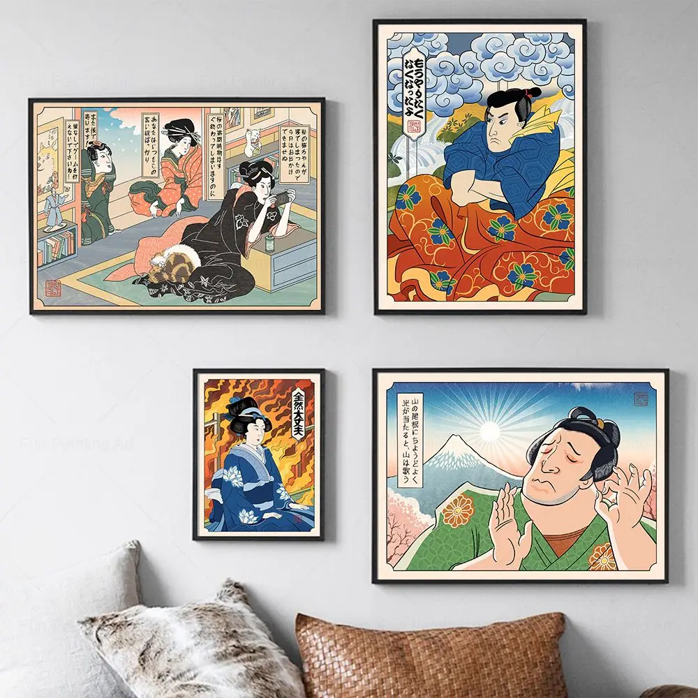Japan Ukiyoe Style Posters Samurai Cat Prints Funny Japanese Cat Canvas Painting Vintage Wall Art Picture Living Room Home Decor