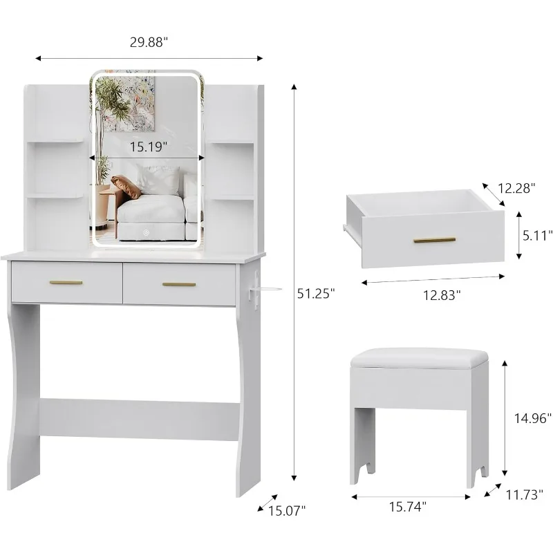 Small Vanity Desk with LED Lights, White Vanity Mirror with Lights Desk and Chair, 3 Lighting Adjustable Compact