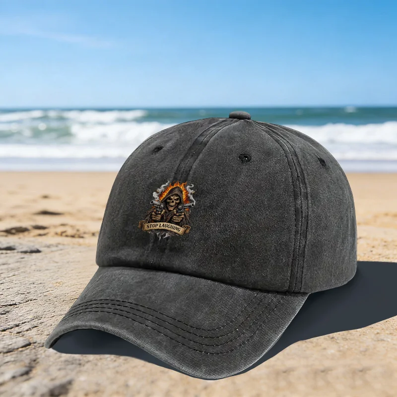 Stop-Laughing-Skull-Gun-Print-Baseball-Cap-Unisex-Washed-Cotton-Outdoor-Adjustable-Sun-Hat