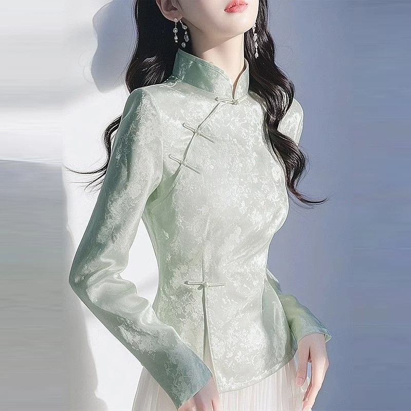 New Chinese mint green shirt women's 2025 spring new high-end retro buckle national style Tang suit stand-up collar top