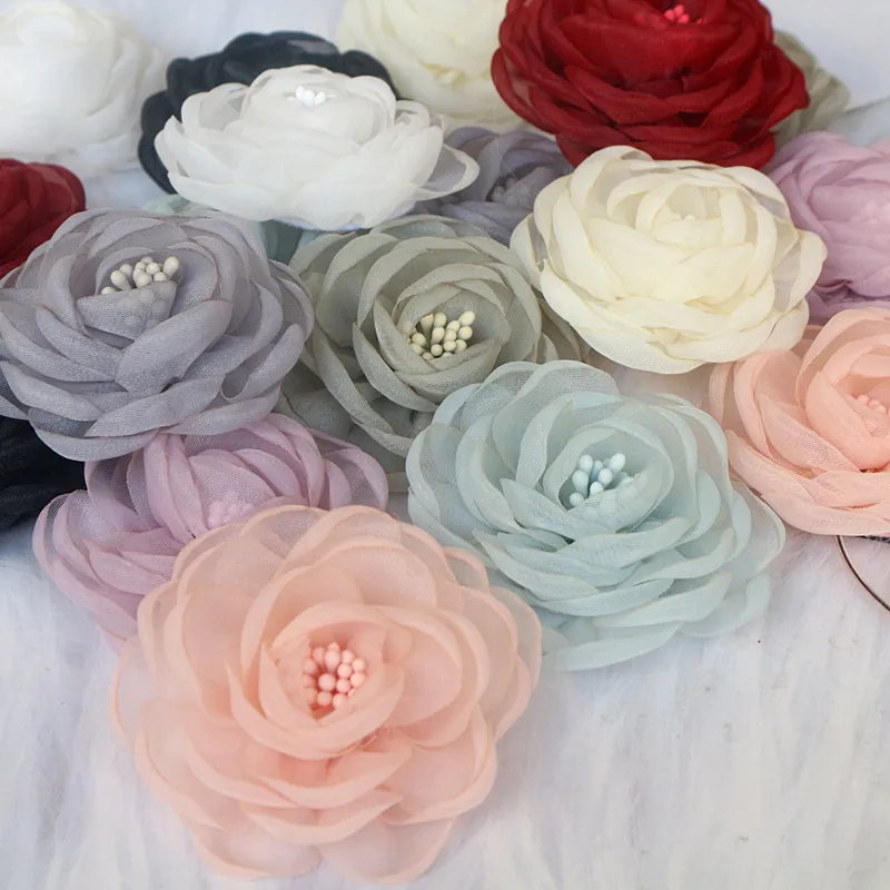 10PCS/Lot 5.5CM 3D Organza Chiffon Fabric Cored Artificial Rose Flower For Wedding Dress Hats Decoration DIY Sewing Applique