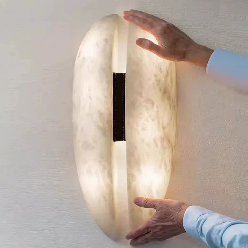 2026 Modern Spanish Marble Wall Sconce Lamps Luxury Alabaster Leather Wall Decor Lights Mansion Villa Decoration Light Fixture
