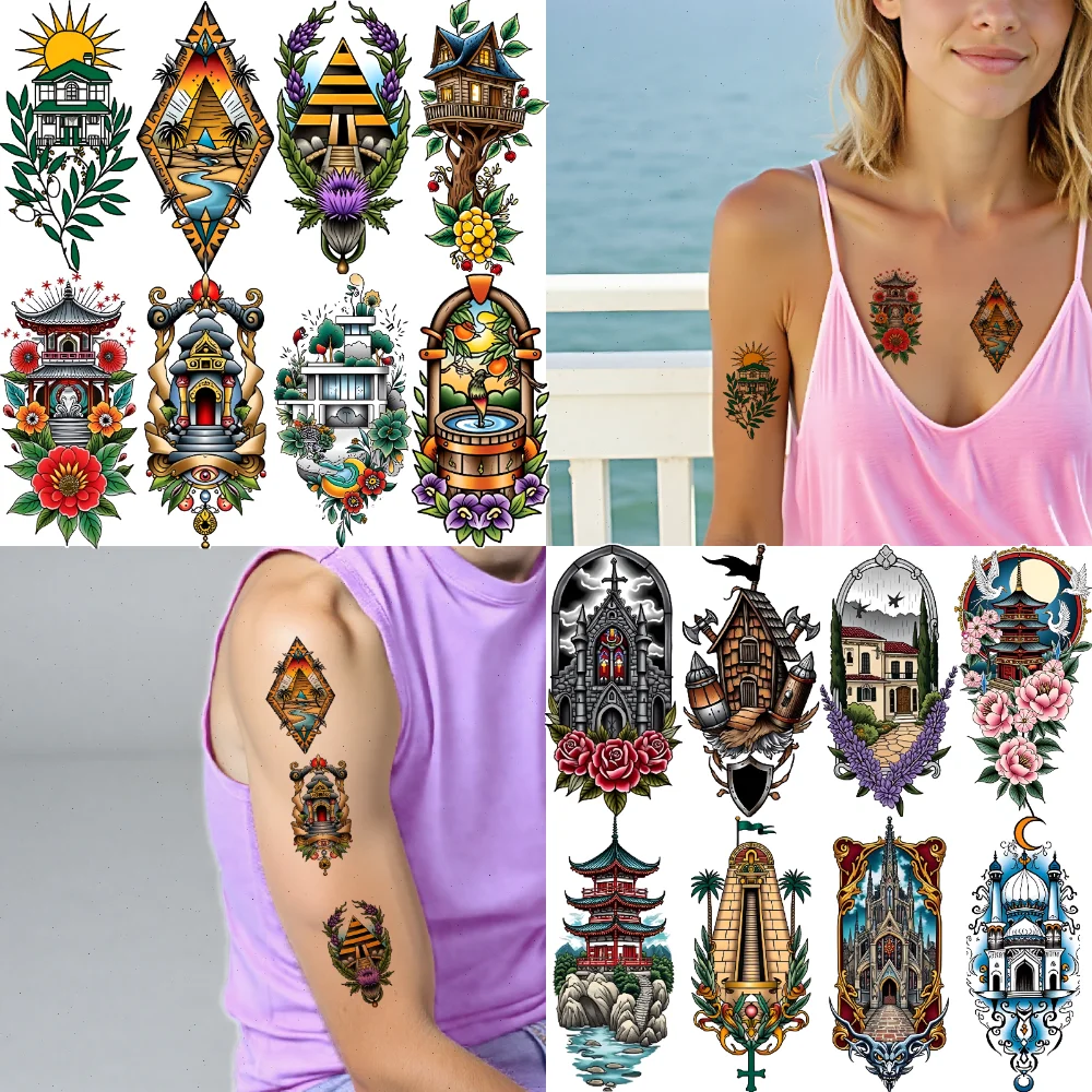 

9pcs Temporary Tattoo Lighthouse Designs New School Traditional Temple Art Decorative Tattoos Temporary Tattoo Stickers