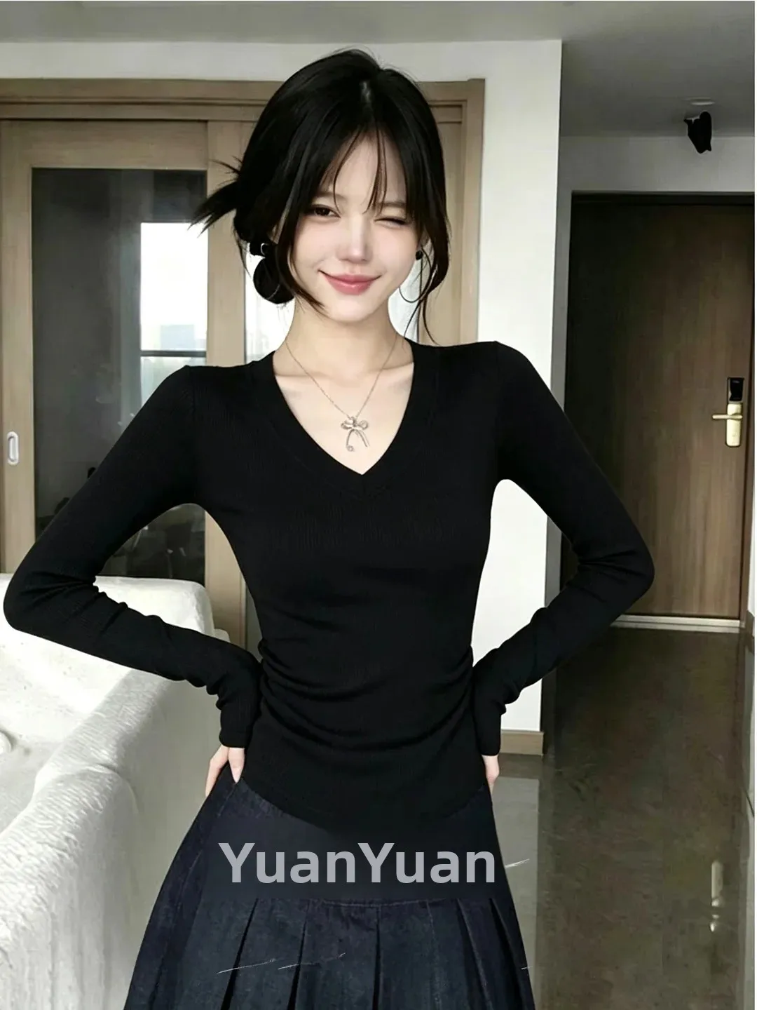 Women's V-Neck Long Sleeve Knitted Top Gray Base Layer Shirt Inner Wear Commute Outfit Casual Style Standard Fit Knitted Poly...