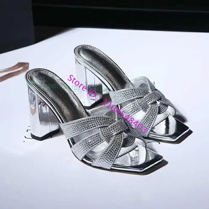 

Leather Chunky High Heel Rhinestone Slippers Luxury Dress Women Open Toe Outside Slippers Chunky High Heel Crystal Slippers