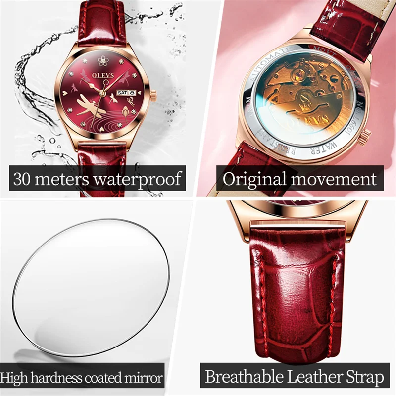 OLEVS-Reloj mecánico automático para Mujer, cronógrafo con correa de cuero de oro rosa, regalo romántico para novia