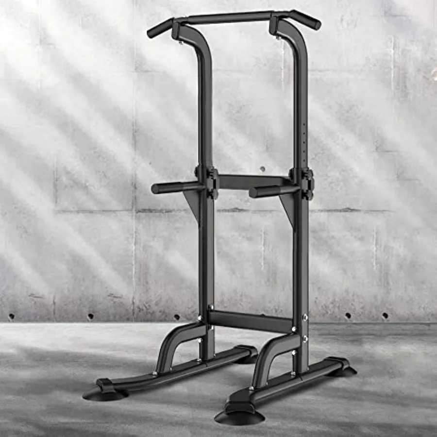 

Home gym power tower with steel frame, black finish, adjustable dip bars and pull-up bar for versatile strength training