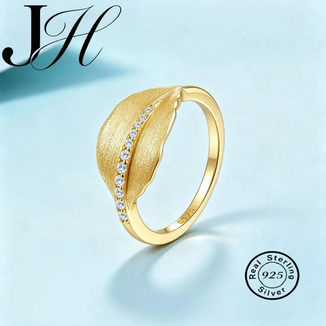 JOIAS HOME S925 Sterling Silver Leaf Shape Brushed Craft Moissanite Ring Fashion Trend Temperament Design Light Luxury Lady Ring