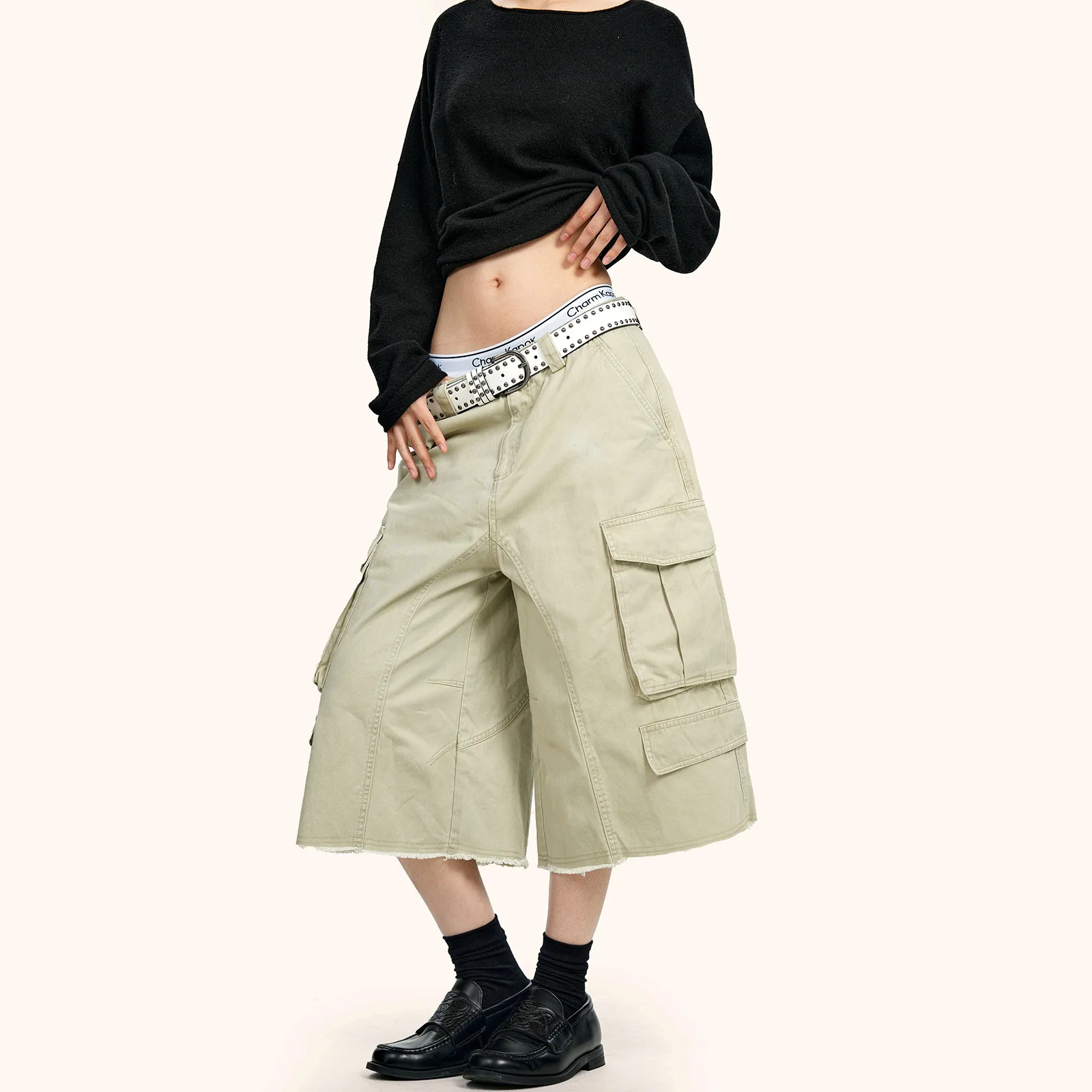 Women's Cotton Workwear Shorts Summer Unisex Loose Fit Wide Leg Pleated Shorts Adjustable Waist Casual Vintage Streetwear