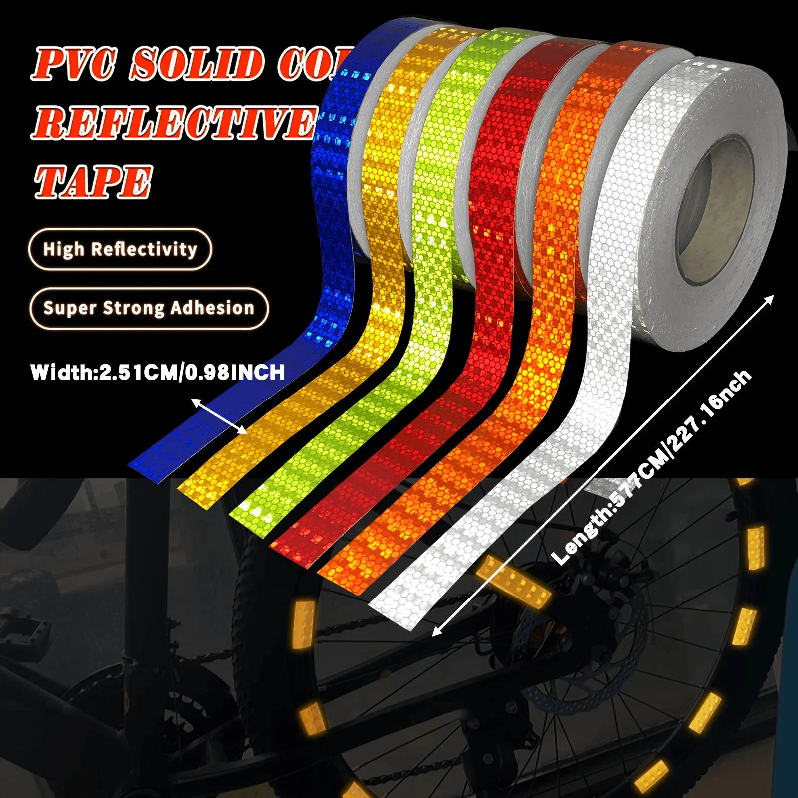 227.16Inch 2.5cm Solid Color Reflective Sticker Multi Color High Visibility Outdoor Warning Strip White Red Blue Yellow Color