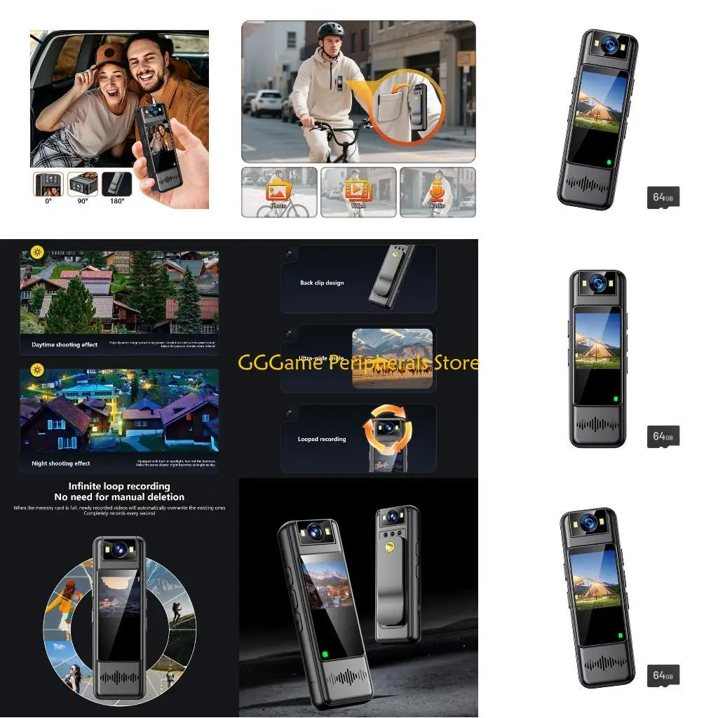 

U55B Discreet Wearable Body Camera 2K 180°Rotating Lens Looping Recording with 64GB Storage Card Compactly Personality Cameras
