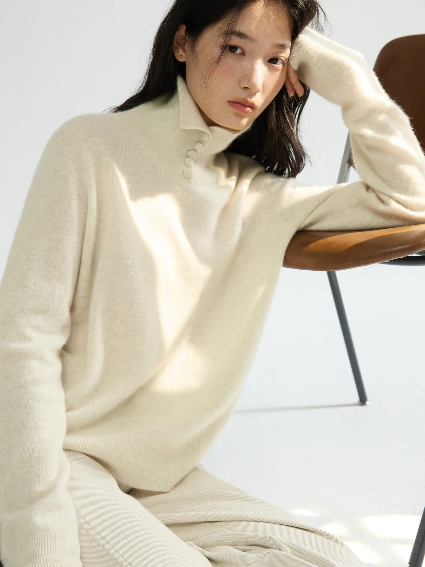 

Вязаный свитер YAO с высоким воротом, из натуральной шерсти, с пуговицами, экологичный, теплый, однотонный, для повседневной носки, с длинными рукавами