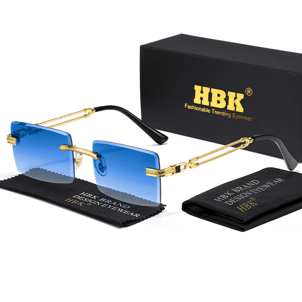 

Мужские безрамные модные солнцезащитные очки HBK, прямоугольные градиентные солнцезащитные очки, женские очки для путешествий на открытом воздухе, подарочные очки для отпуска, UV400