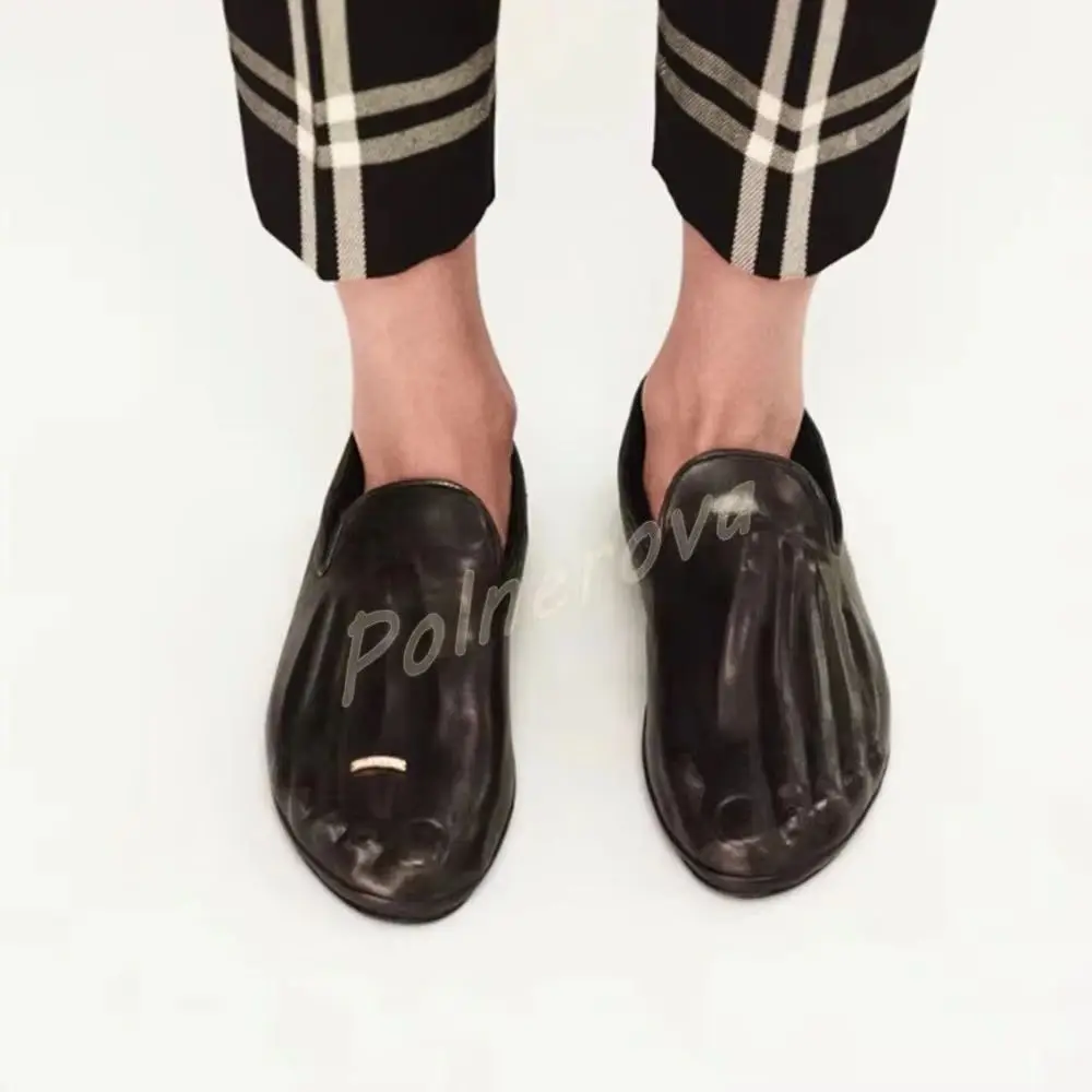 Women 3D Toe Shape Pumps Leather Flat Slip On Gold Ring Decor Shoes Black Warm Novelty Weird Design Casual Daily Shoes