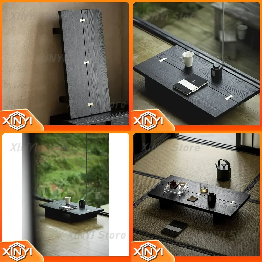 Solid Wood Coffee Table for Japanese Style Living Room for Tatami Bay Window Small Tea Table for Wabi Sabi Carbonized Sand