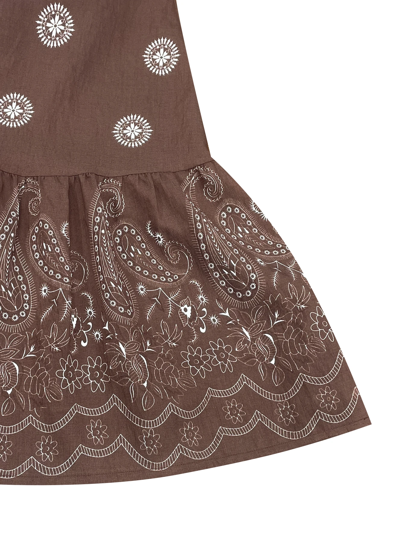 Damen Boho Paisley-Print Wickelkleid mit Spaghettiträgern, V-Ausschnitt und Stufenrüschen am Saum – Maxikleid für Sommer, Strand und Urlaub – Detail 6