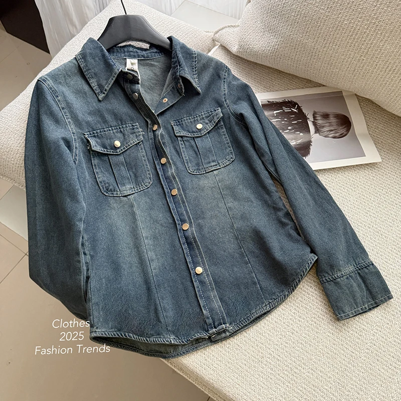 Denim Jacket For Women Vintage Single Breasted Lapel Long Sleeve Jackets Fashion Female High Street Outerwear Denim Coats