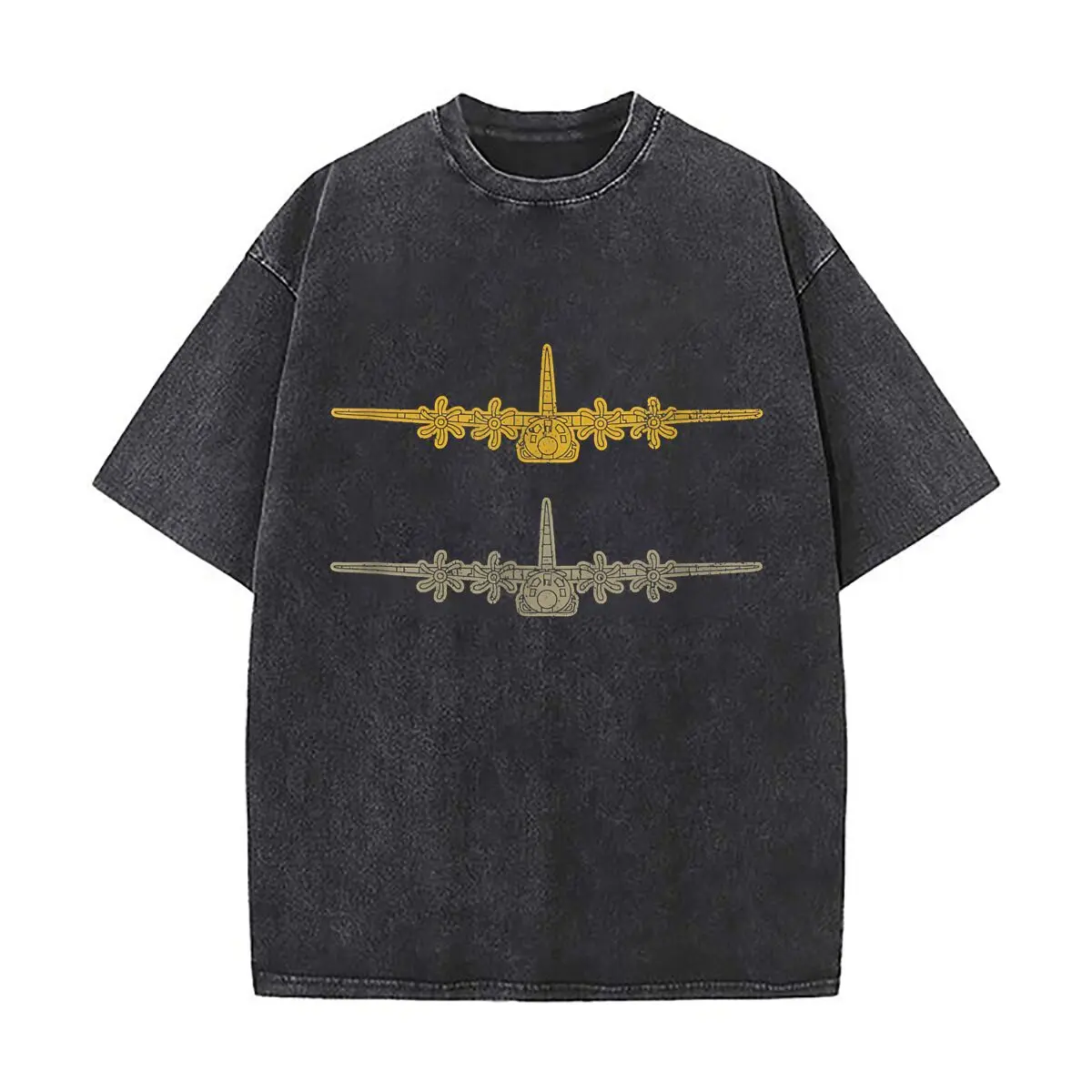 Gold Planes Aviation Art Trendy Washed Distressed Solid Short Sleeve Vintage Street Top